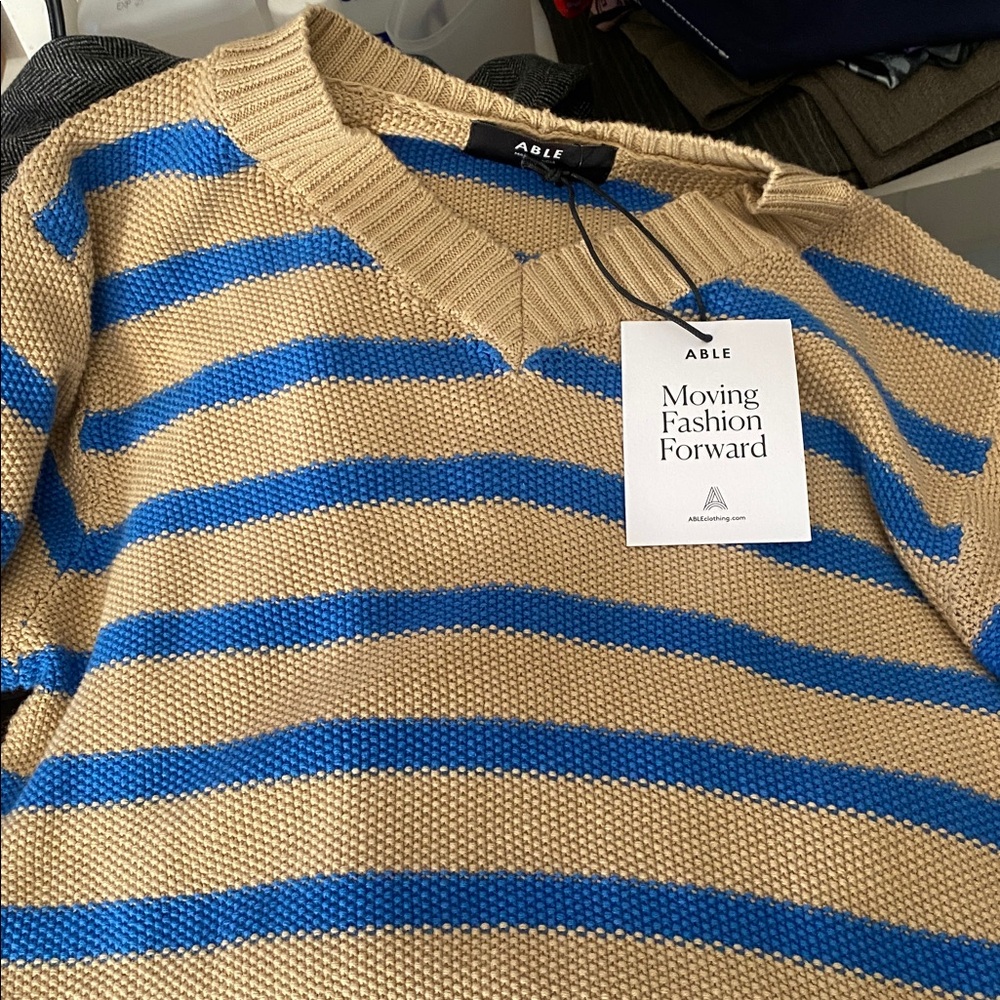 NWT ABLE Haven Seed Stitch Sweater in Brown Sugar/ Blue Stripe XS - Picture 4 of 7